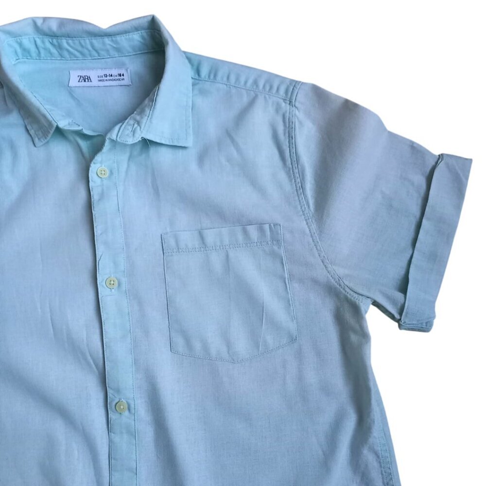 ZARA Boys Light Blue Button Down Shirt Size 13-14 (164 cm) Short Sleeve - Picture 5 of 7